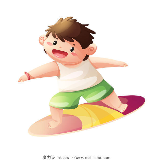 彩色手绘卡通夏天海边冲浪男孩人物元素PNG素材